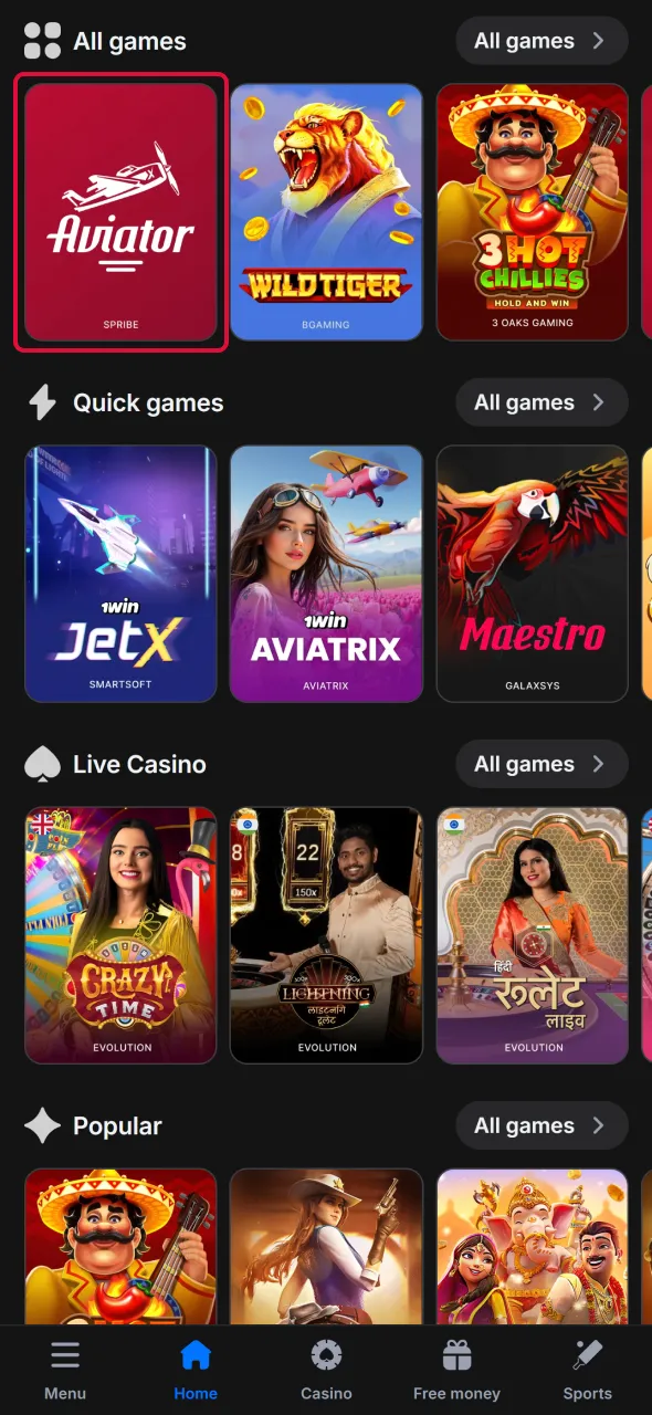 Locate Aviator easily inside the casino games lobby.