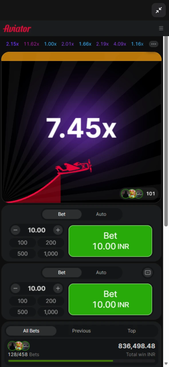 Playing Aviator in India with real time action and rising multipliers.