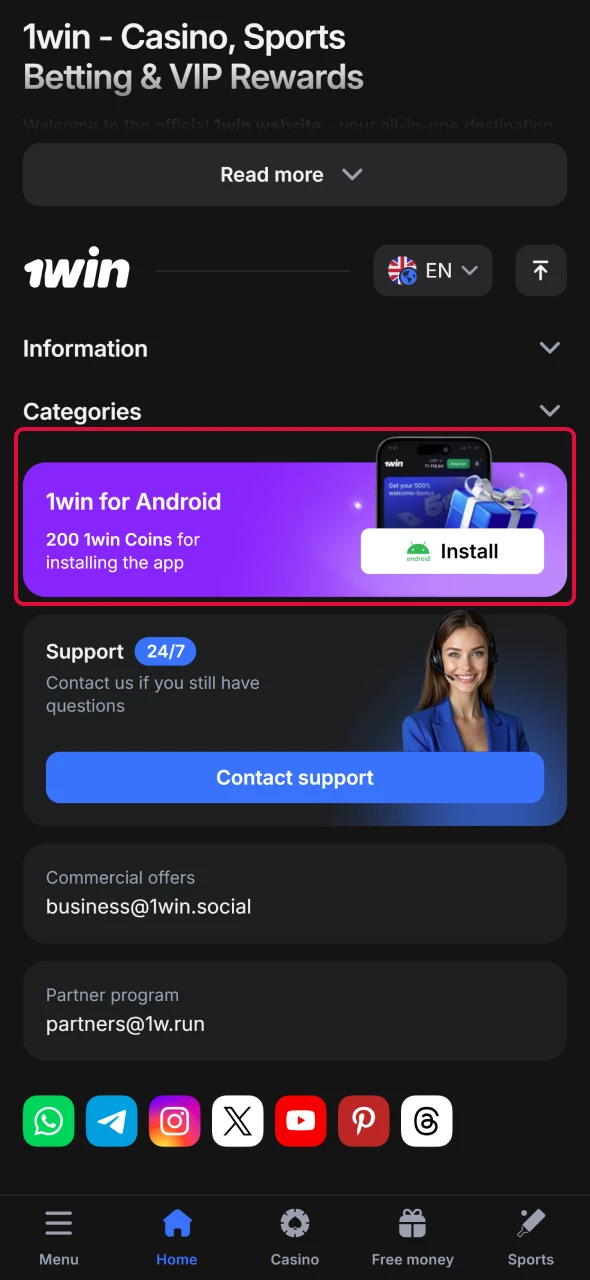 Find the download link to install Aviator app on 1win.