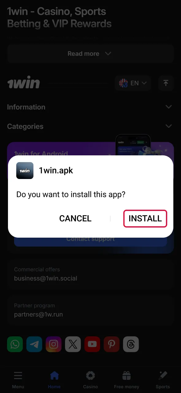 Run the downloaded apk file to set up Aviator in 1win app.