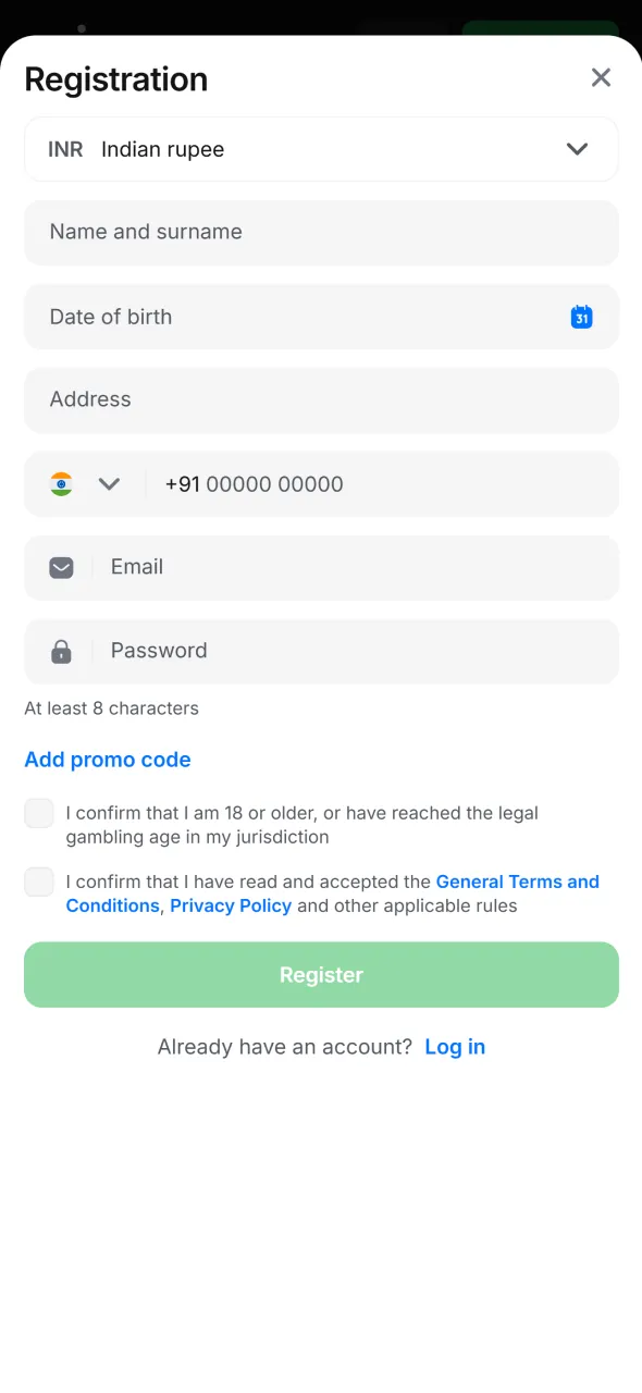 Tap registration to create Avitor account in 1win application.