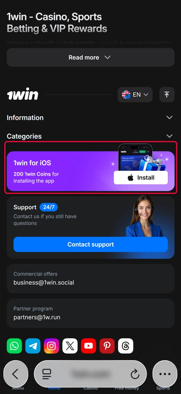 Locate the iOS button to install Aviator shortcut on 1win.