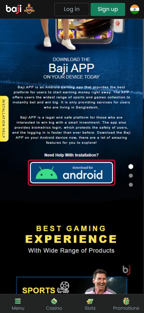 Find the Android download button to install Aviator from Baji Live.