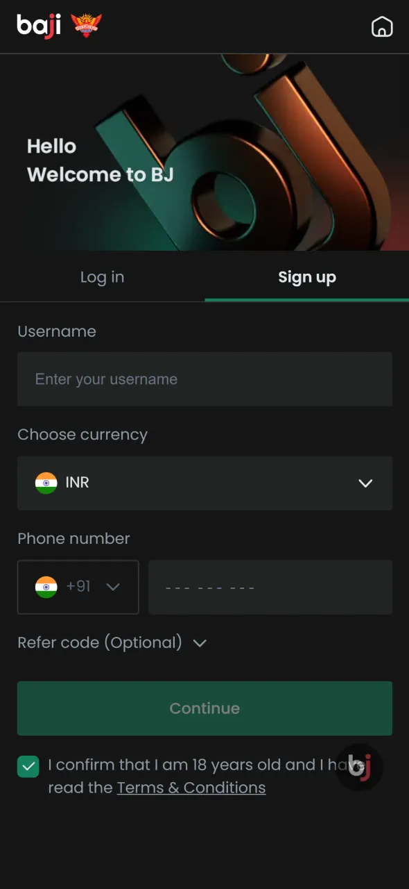 Create an account for Aviator inside the Baji Live application.