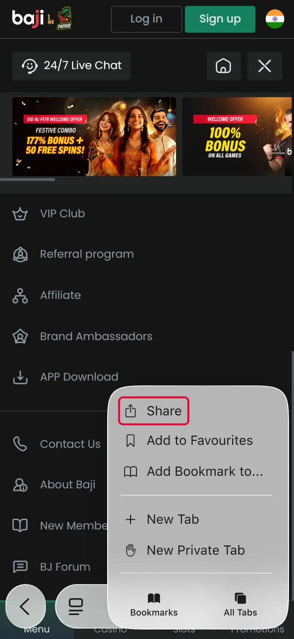 Use the share menu to continue Aviator setup via Baji Live application.