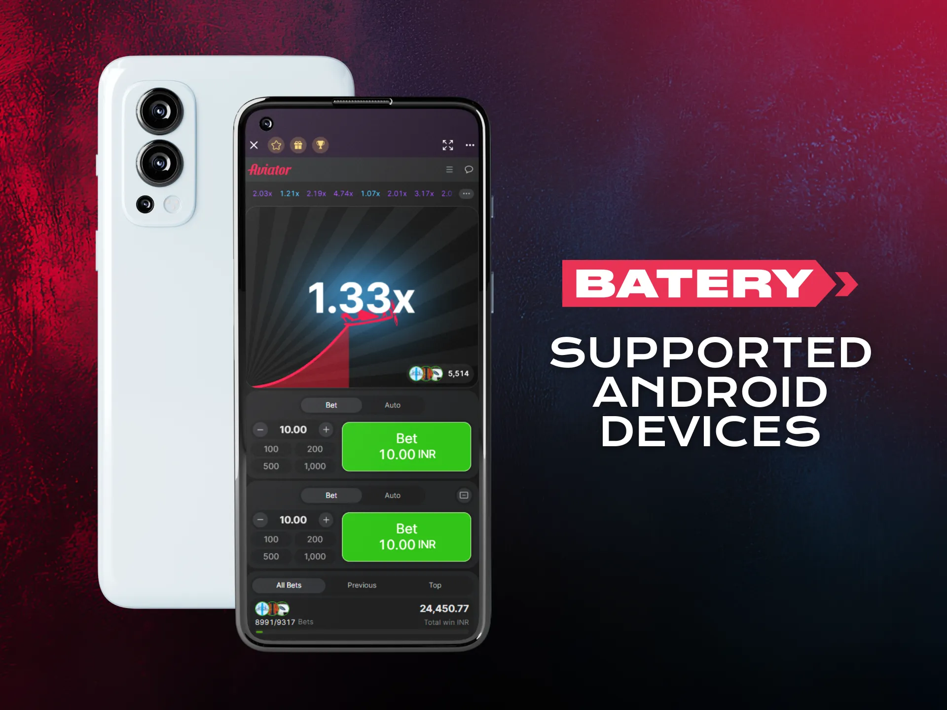 Review compatible Android devices supporting Aviator in Batery application.