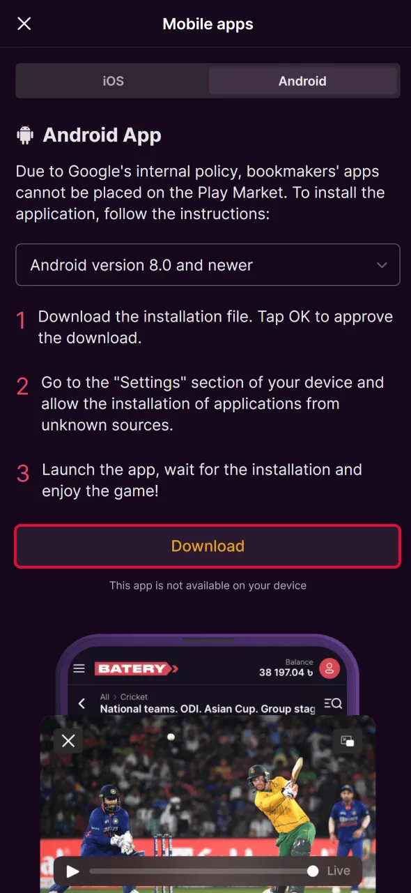 Find the download option in Batery application to install Aviator easily.