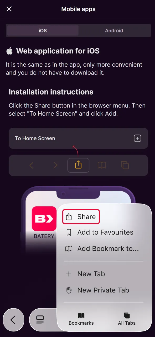 Use share settings to save Aviator from Batery application.