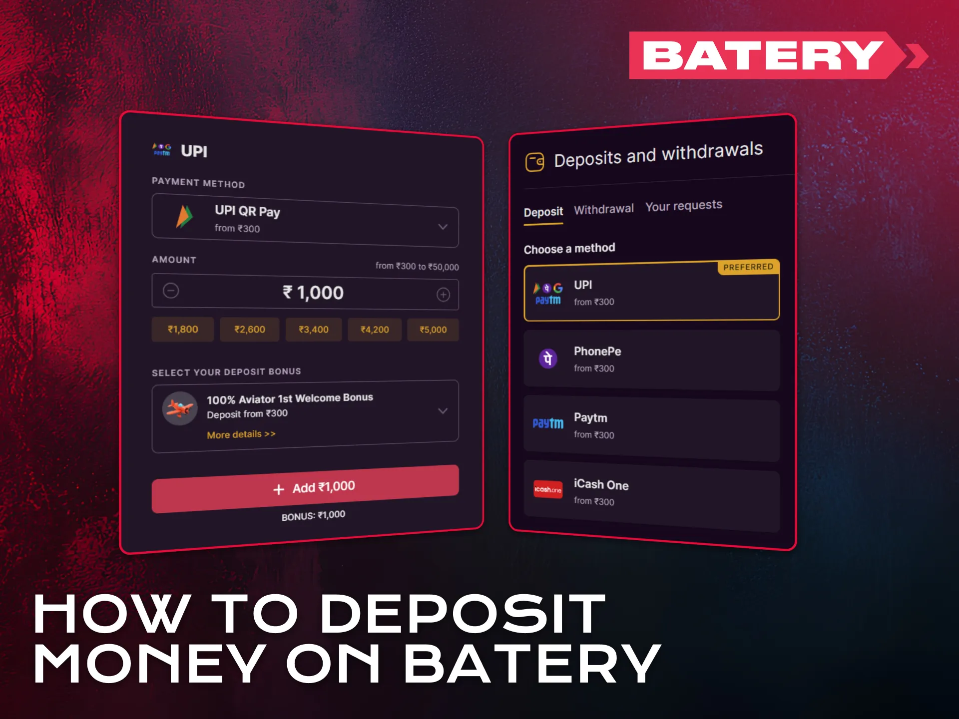 Deposit money on Batery to fund your Aviator gameplay.