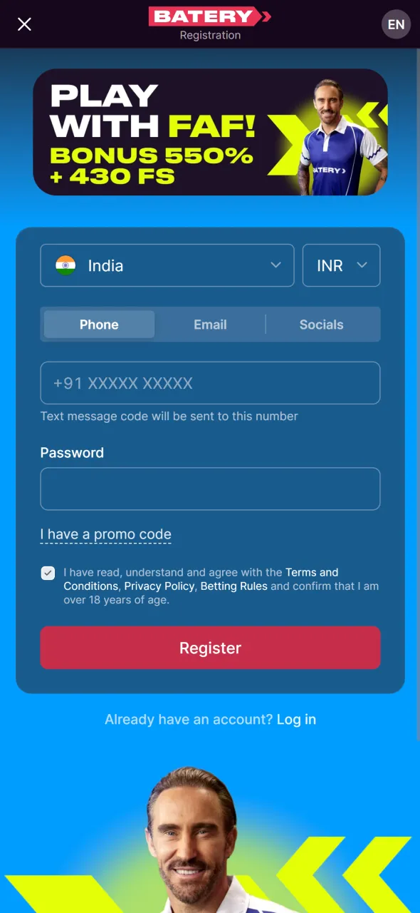 Complete registration on Batery to begin playing Aviator.