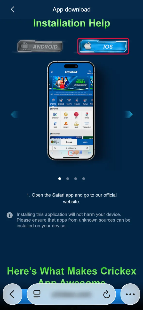 Tap the iOS option to activate Aviator in the Crickex app.