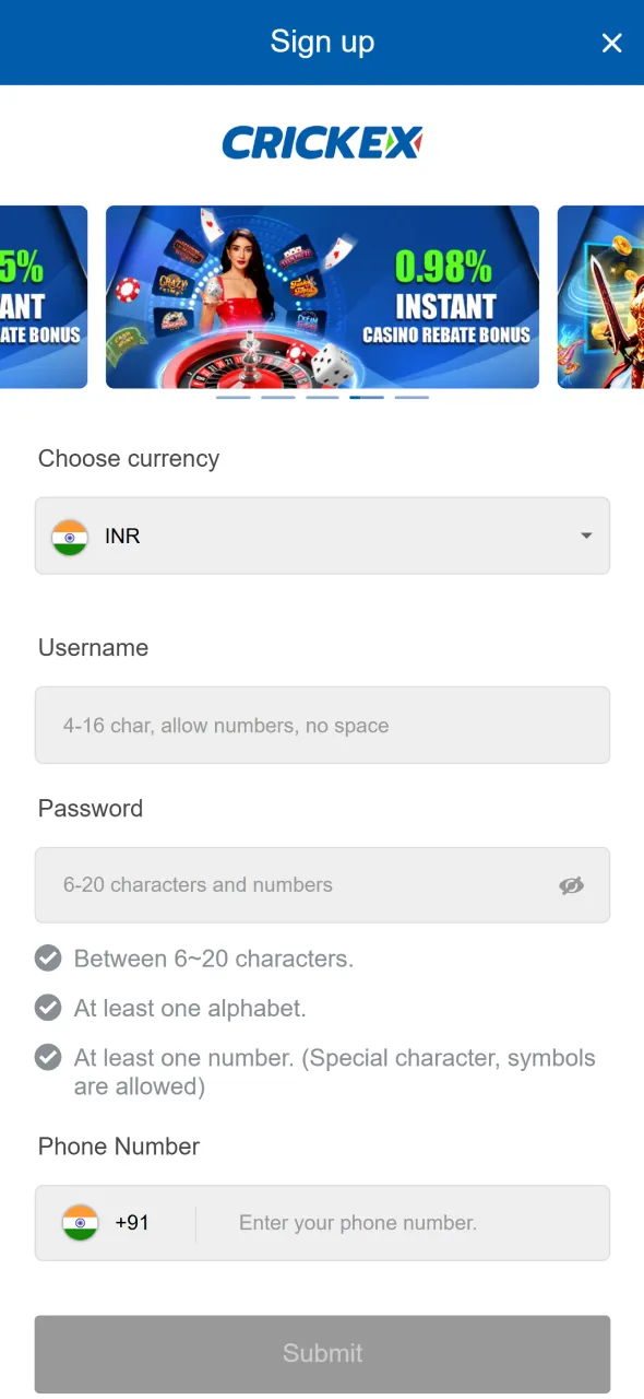 Click registration to create your account for Aviator on Crickex.