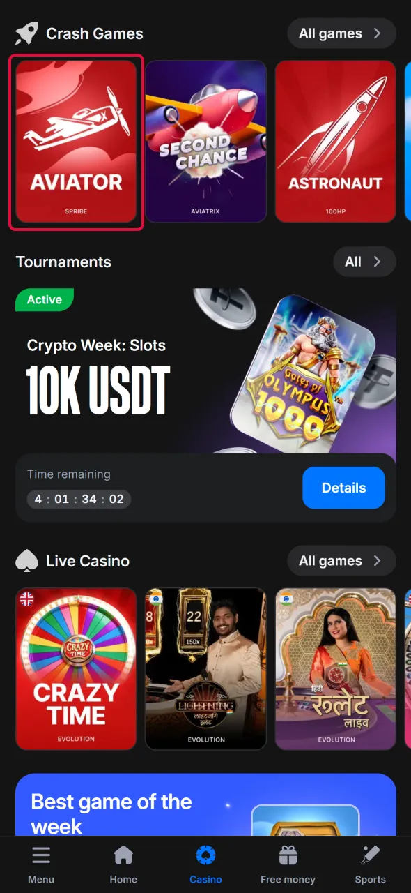 Open casino section to locate Aviator demo game quickly.