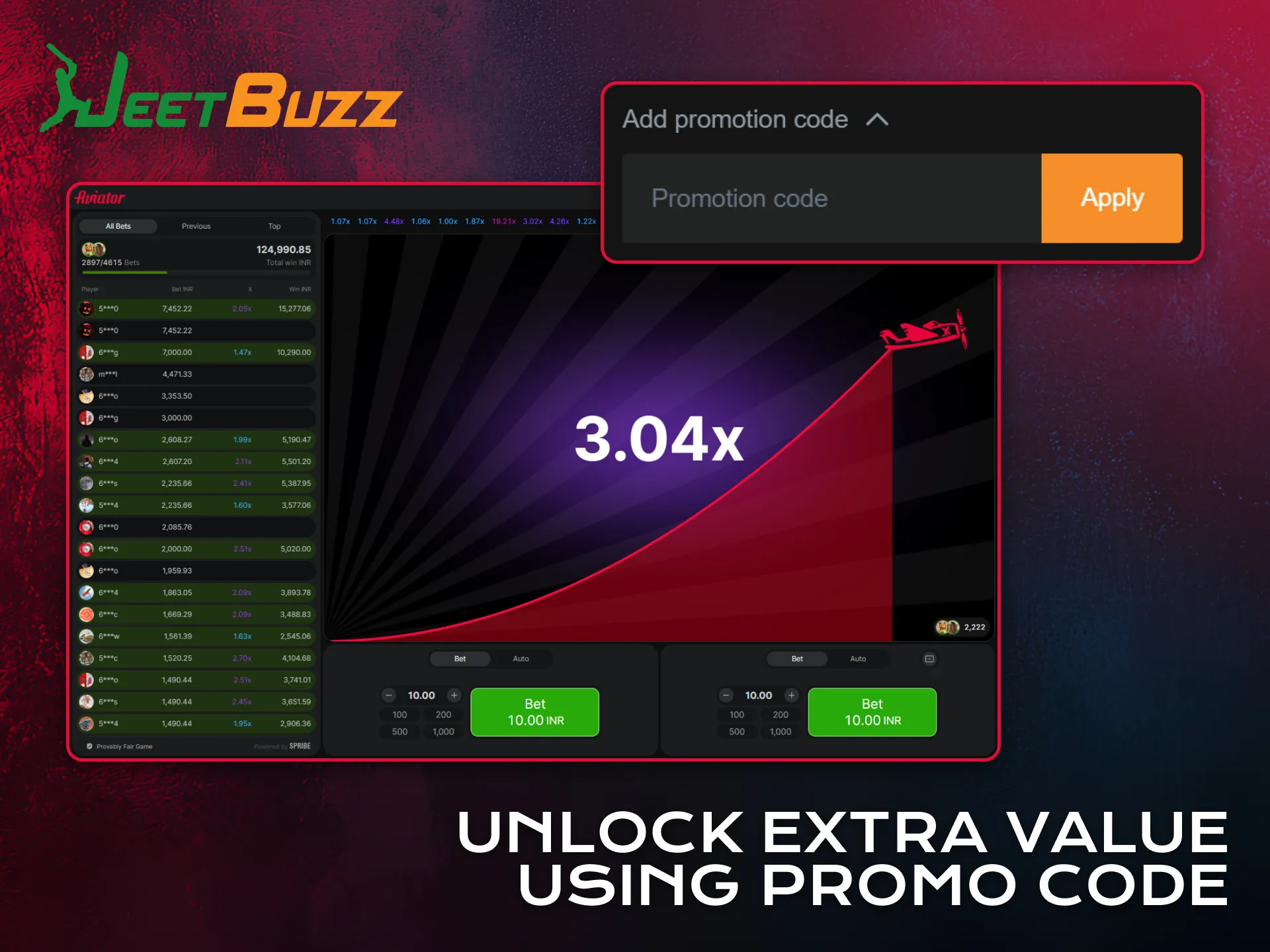 Use promo code to unlock extra Aviator value on Jeetbuzz.
