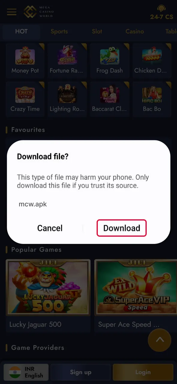 Start the download to access Aviator on Android via Mega Casino World.