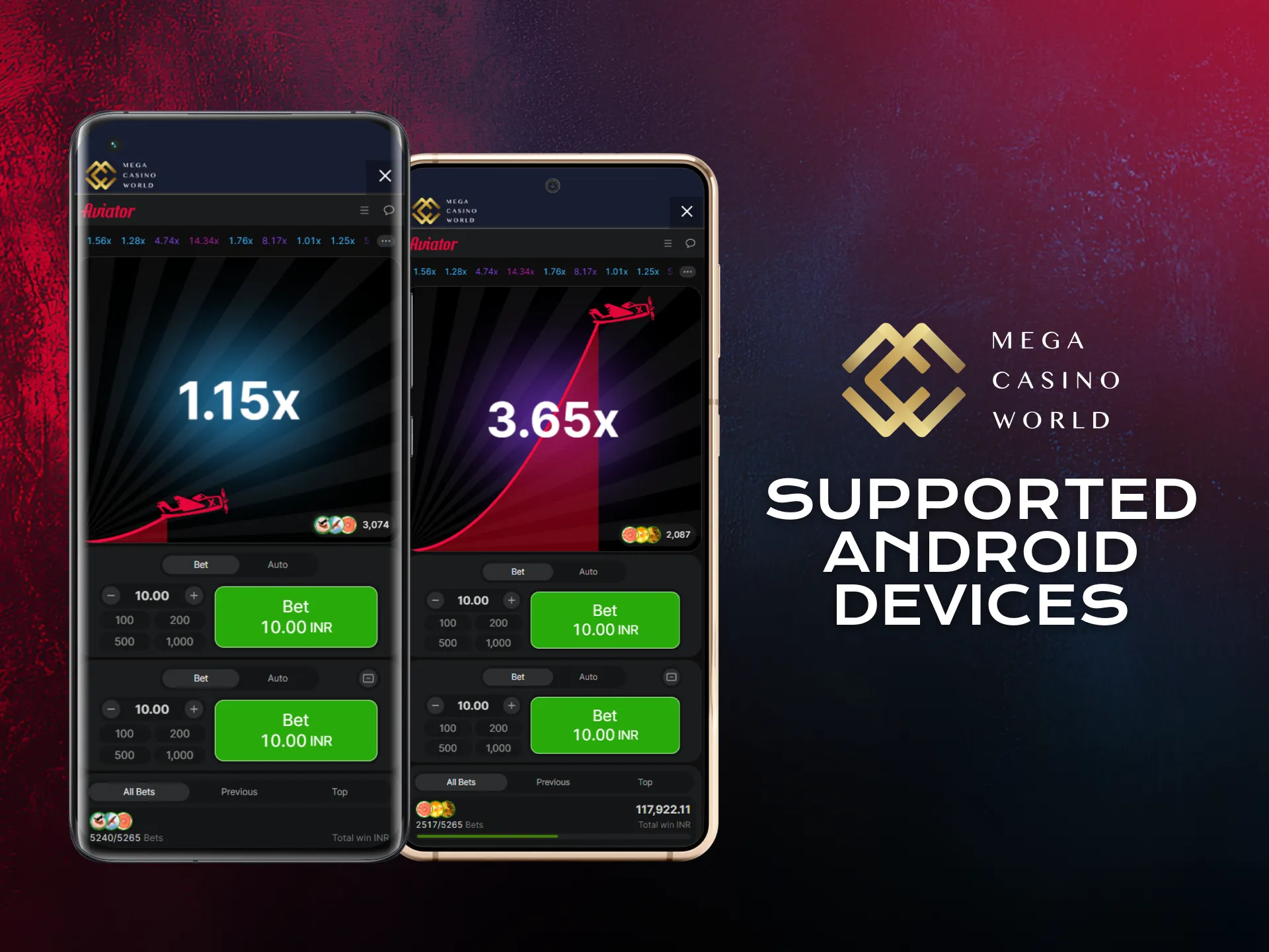 Check supported Android devices for Aviator in Mega Casino World application.