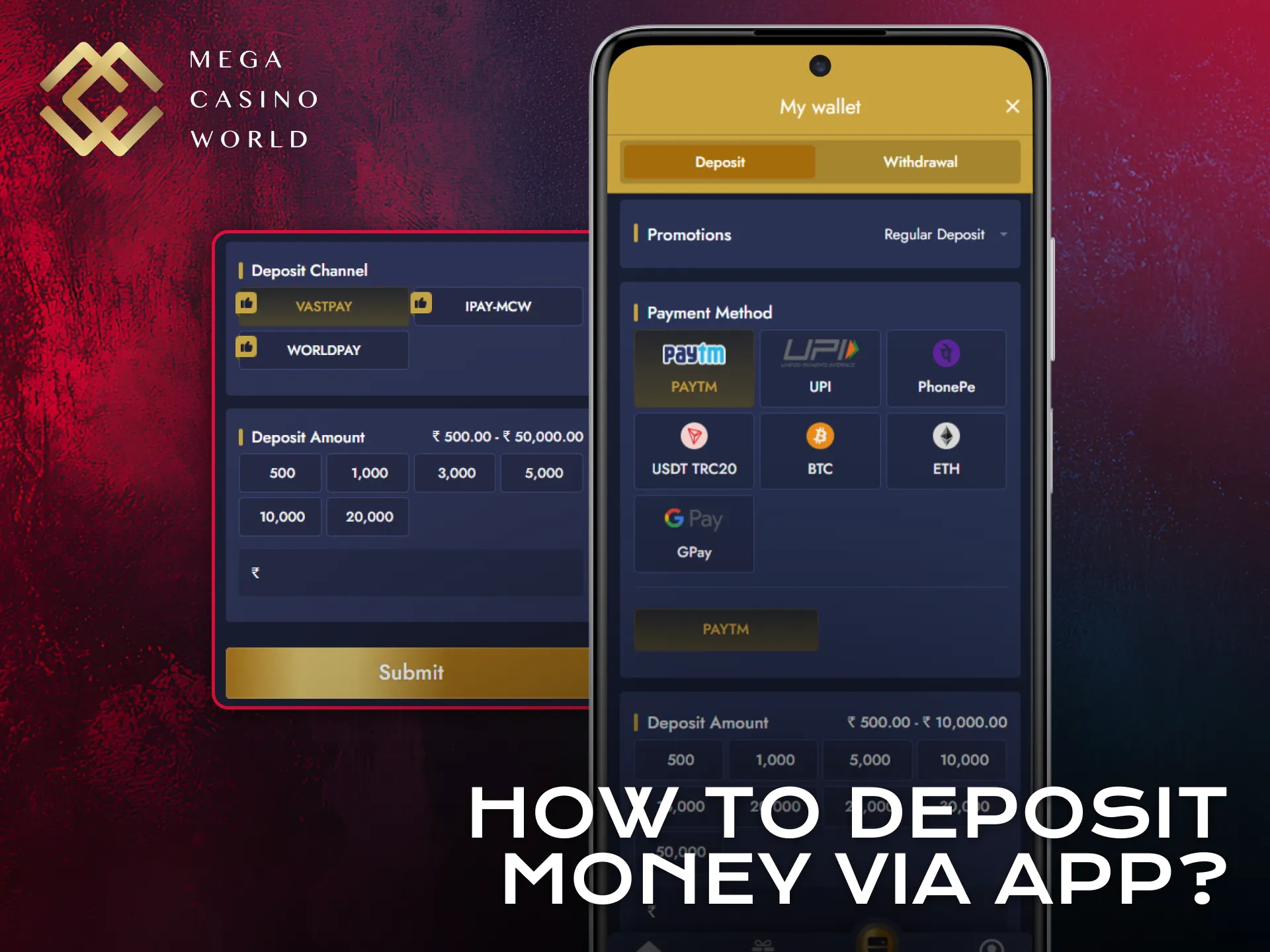 Deposit funds securely through the Mega Casino World application for Aviator.