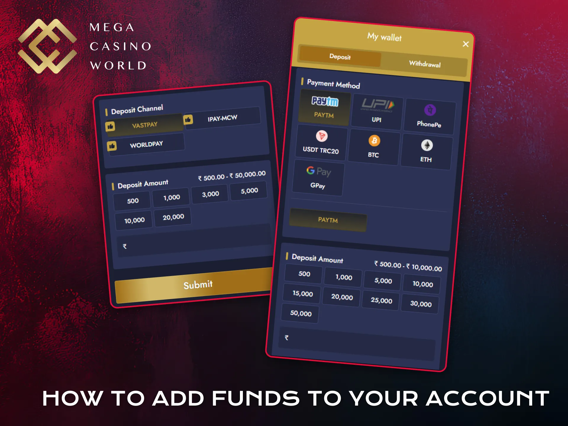 Add funds to your account to play Aviator at Mega Casino World.