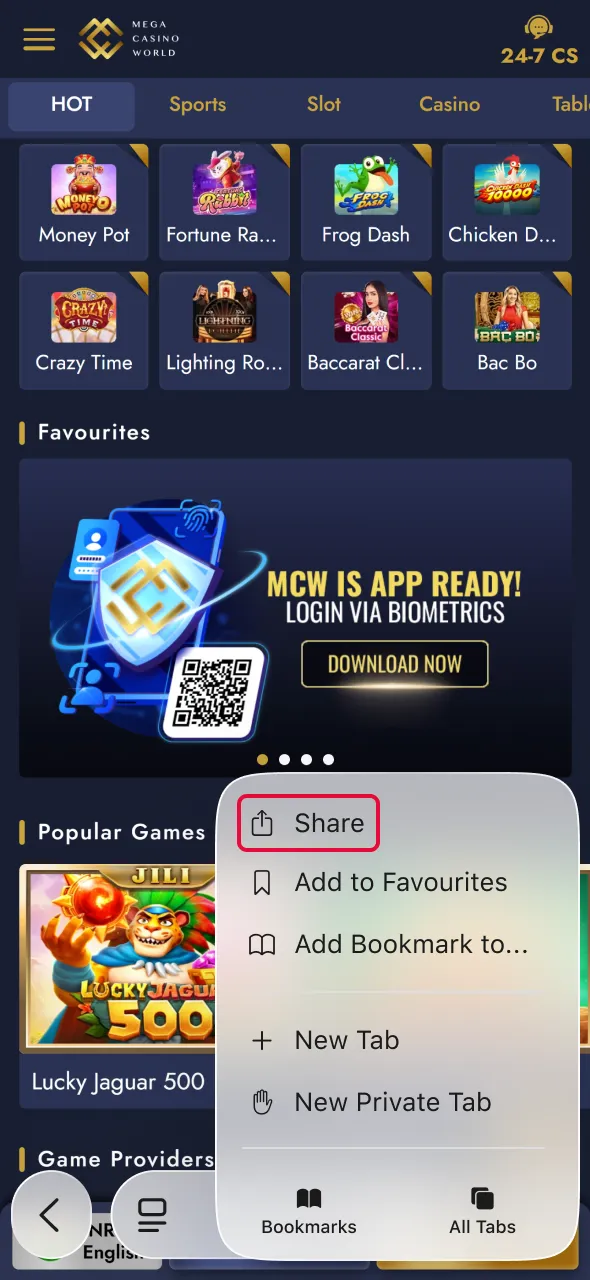 Tap the share icon to continue Aviator installation at Mega Casino World.