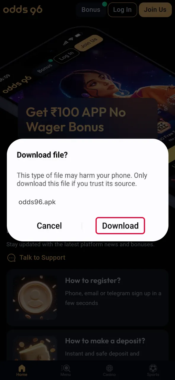 Download the APK file to set up Aviator in the Odds96 app.