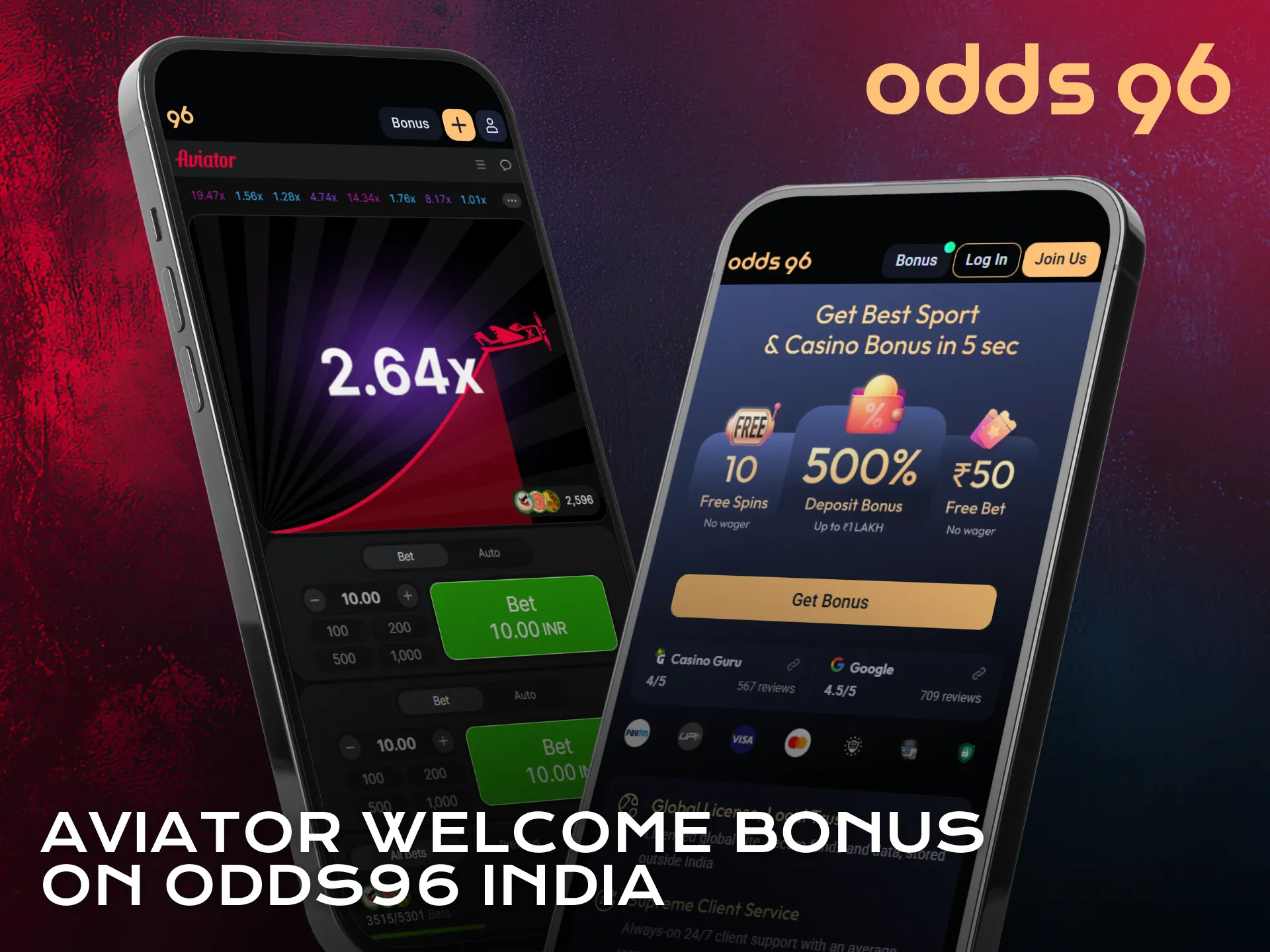 Claim Aviator welcome bonus using the Odds96 application in India.