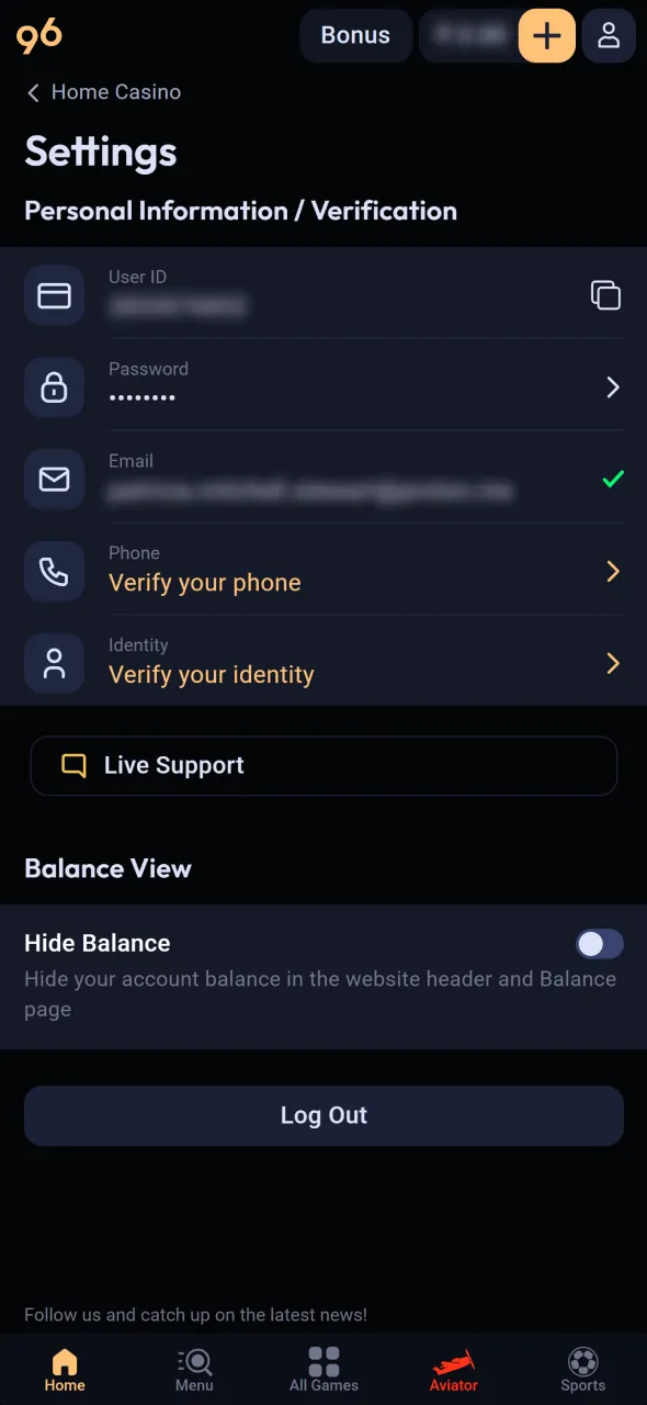 Verify your account to access Aviator fully in Odds96 application.