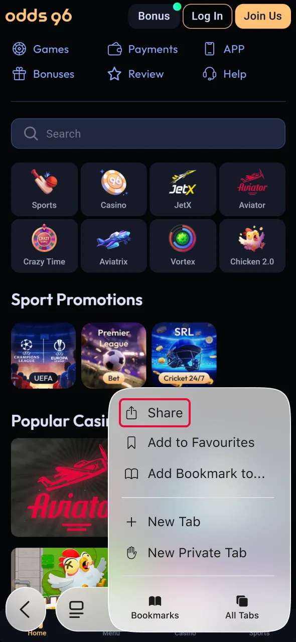 Tap the share icon to continue Aviator setup in Odds96 application.