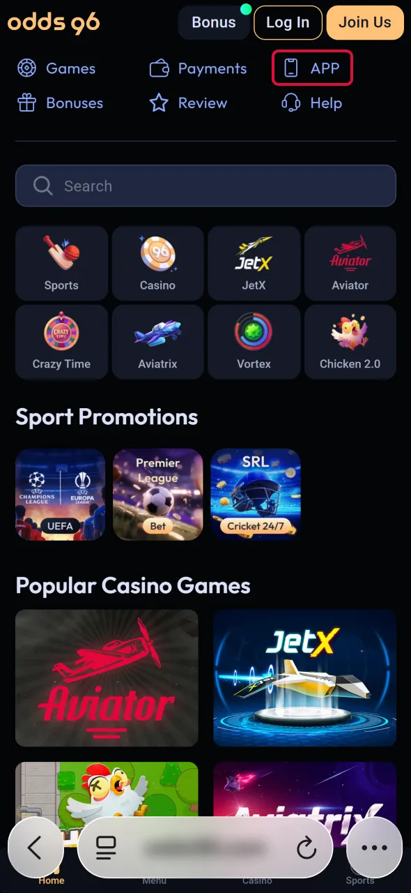 Find the iOS installation link for Aviator on Odds96.