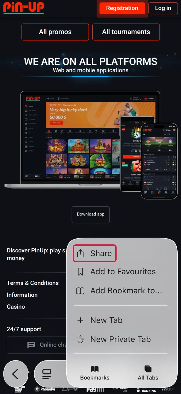 Tap the share icon to proceed with Aviator setup via Pin-Up application.