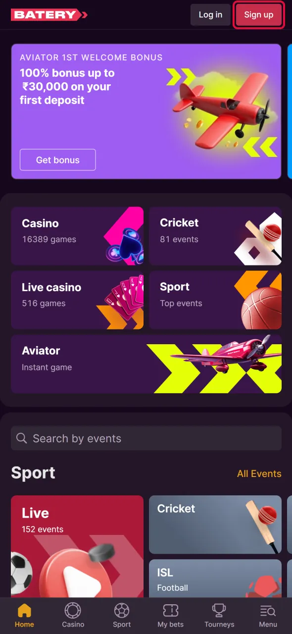 Tap register to create your Aviator account quickly.